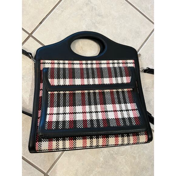 Canvas Leather NWOT Black Red Cream Crossbody Vintage Tote Laptop Briefcase - Picture 3 of 8